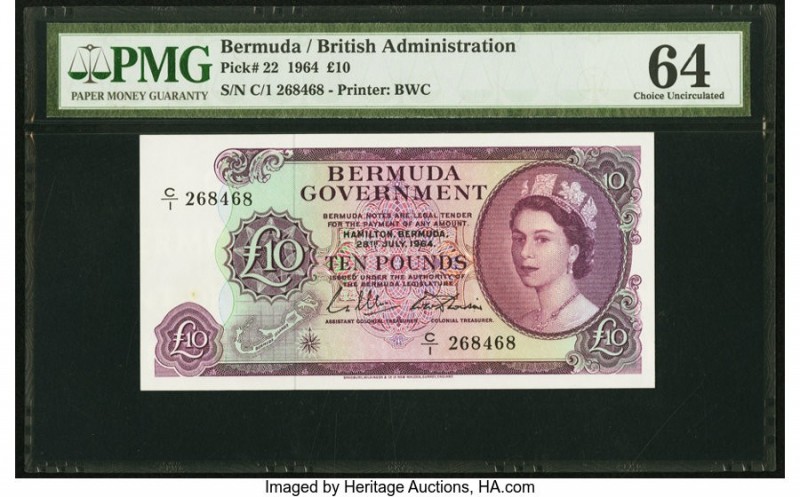 Bermuda Bermuda Government 10 Pounds 1964 Pick 22 PMG Choice Uncirculated 64. An...