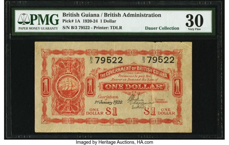 British Guiana Government of British Guiana 1 Dollar 1.1.1920 Pick 1A PMG Very F...