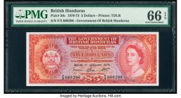 British Honduras Government of British Honduras 5 Dollars 1.1.1973 Pick 30c PMG Gem Uncirculated 66 EPQ. Impressive, complex patterns are seen on this...