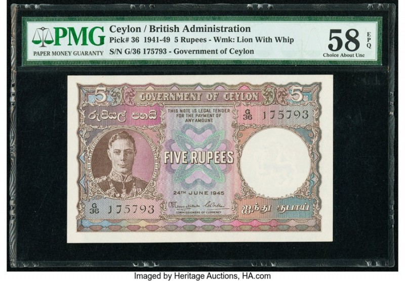 Ceylon Government of Ceylon 5 Rupees 24.6.1945 Pick 36 PMG Choice About Unc 58 E...