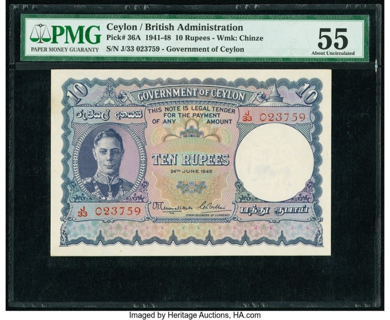 Ceylon Government of Ceylon 10 Rupees 24.6.1945 Pick 36A PMG About Uncirculated ...