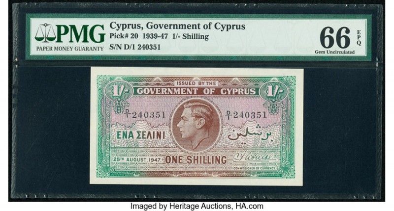 Cyprus Government of Cyprus 1 Shilling 25.8.1947 Pick 20 PMG Gem Uncirculated 66...