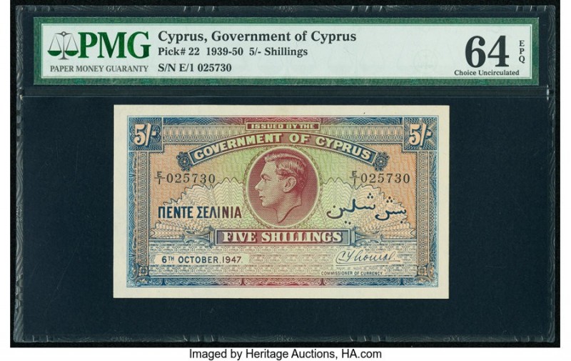 Cyprus Government of Cyprus 5 Shillings 6.10.1947 Pick 22 PMG Choice Uncirculate...
