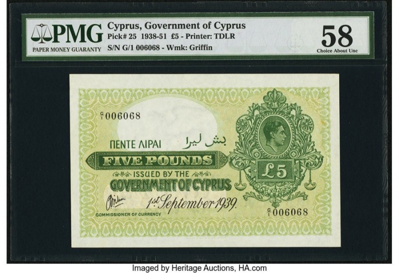 Cyprus Government of Cyprus 5 Pounds 1.9.1939 Pick 25 PMG Choice About Unc 58. A...