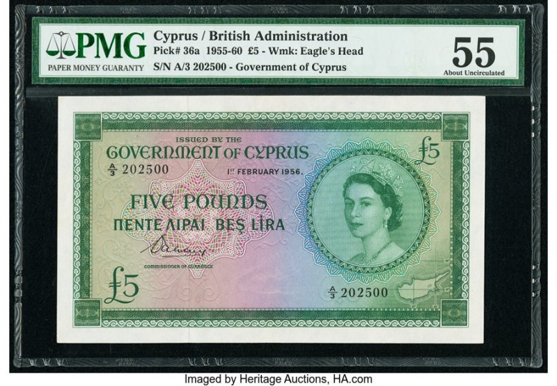 Cyprus Government of Cyprus 5 Pounds 1.2.1956 Pick 36a PMG About Uncirculated 55...