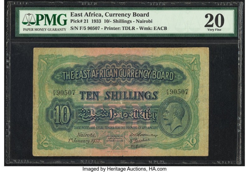 East Africa East African Currency Board 10 Shillings 1.1.1933 Pick 21 PMG Very F...