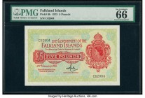 Falkland Islands Government of the Falkland Islands 5 Pounds 30.1.1975 Pick 9b PMG Gem Uncirculated 66 EPQ. Vibrant red inks on a soft green backgroun...