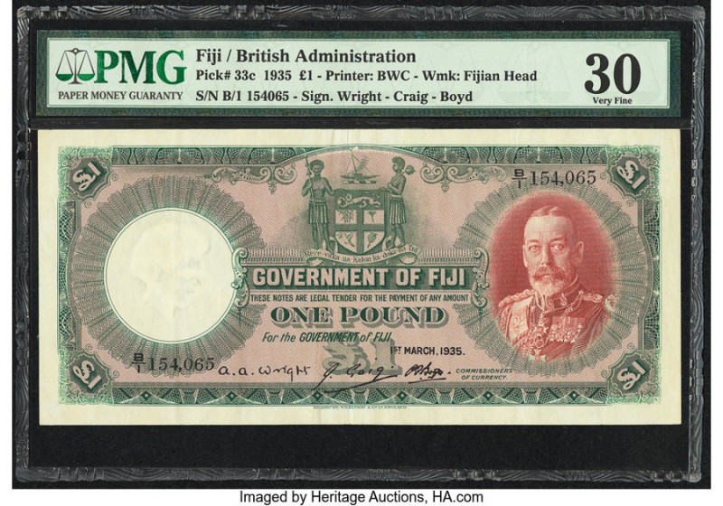 Fiji Government of Fiji 1 Pound 1.3.1935 Pick 33c PMG Very Fine 30. A scarce not...