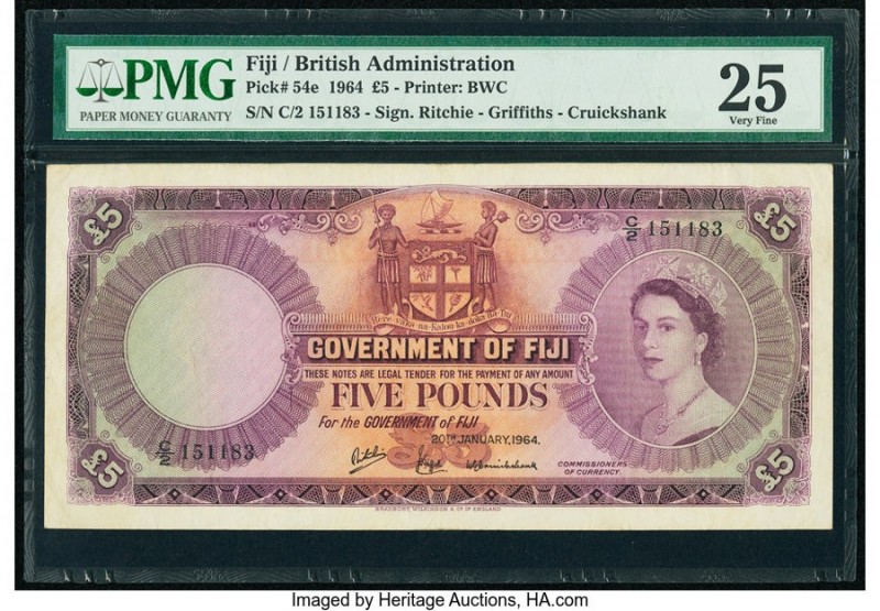 Fiji Government of Fiji 5 Pounds 20.1.1964 Pick 54e PMG Very Fine 25. A desirabl...