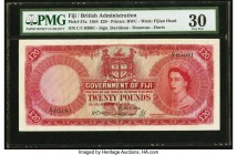 Fiji Government of Fiji 20 Pounds 1.7.1954 Pick 57a PMG Very Fine 30. A rare high denomination issue that amazingly survived the weather conditions of...