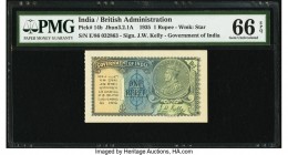 India Government of India 1 Rupee 1935 Pick 14b Jhunjhunwalla-Razack 3.2.1A PMG Gem Uncirculated 66 EPQ. A high grade example from the 1935 issue feat...