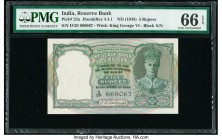 India Reserve Bank of India 5 Rupees ND (1943) Pick 23a Jhunjhunwalla-Razack 4.4.1 PMG Gem Uncirculated 66 EPQ. This front-facing portrait 5 rupees is...