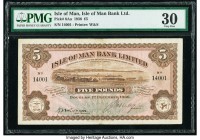 Isle Of Man Isle of Man Bank Limited 5 Pounds 1.12.1936 Pick 6Aa PMG Very Fine 30. A scarce example depicting a delightful scenery of Douglas Harbor o...
