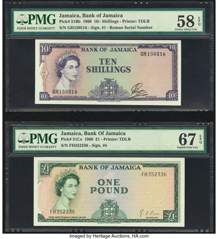 Jamaica Bank of Jamaica 10 Shillings; 1 Pound 1960 (ND 1964) Pick 51Bb; 51Ce Two...