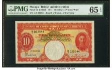 Malaya Board of Commissioners of Currency 10 Dollars 1.7.1941 (ND (1945) Pick 13 KNB13 PMG Gem Uncirculated 65 EPQ. A beautiful Waterlow & Sons engrav...