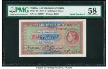 Serial Number 7 Malta Government of Malta 2 Shillings 6 Pence 13.9.1939 Pick 11 PMG Choice About Unc 58. A handsome and underrated King George VI type...