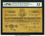 Mauritius Government of Mauritius 5 Rupees 1.10.1916 Pick 16 PMG Fine 12. An always desirable and scarce type, these uniface banknotes were replaced b...