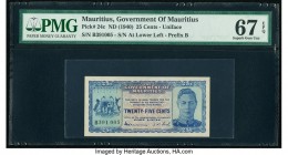 Mauritius Government of Mauritius 25 Cents ND (1940) Pick 24c PMG Superb Gem Unc 67 EPQ. A stunning, small sized example highlighted by a delightful p...