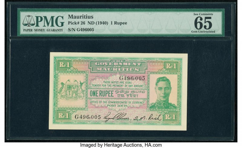 Mauritius Government of Mauritius 1 Rupee ND (1940) Pick 26 PMG Gem Uncirculated...