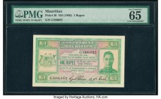 Mauritius Government of Mauritius 1 Rupee ND (1940) Pick 26 PMG Gem Uncirculated 65 EPQ. An impressive portrait of King George placed inside a distinc...