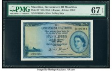 Mauritius Government of Mauritius 5 Rupees ND (1954) Pick 27 PMG Superb Gem Unc 67 EPQ. An amazing example with well blended blue and green inks on cr...