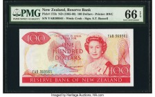 New Zealand Reserve Bank of New Zealand 100 Dollars ND (1985-89) Pick 175b PMG Gem Uncirculated 66 EPQ. An S.T. Russell signature is seen on this high...