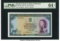 Rhodesia Reserve Bank of Rhodesia 5 Pounds 12.11.1964 Pick 26a PMG Choice Uncirculated 64 EPQ. A popular note among collectors, with the early portrai...
