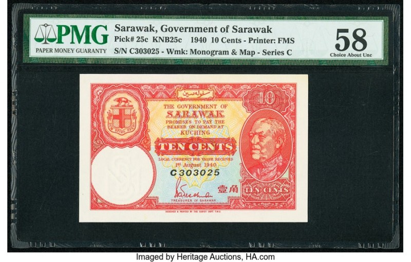 Sarawak Government of Sarawak 10 Cents 1.8.1940 Pick 25c KNB25c PMG Choice About...