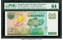 Singapore Board of Commissioners of Currency 500 Dollars ND (1977) Pick 15a TAN#B-7a PMG Choice Uncirculated 64. A striking, well embossed example fro...