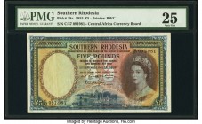 Southern Rhodesia Central Africa Currency Board 5 Pounds 10.9.1955 Pick 18a PMG Very Fine 25. A eye appealing example featuring a favored portrait of ...