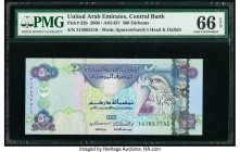 United Arab Emirates Central Bank 500 Dirhams 2006 / AH1427 Pick 32b PMG Gem Uncirculated 66 EPQ. An elegant issue with violet inks on a well blended ...
