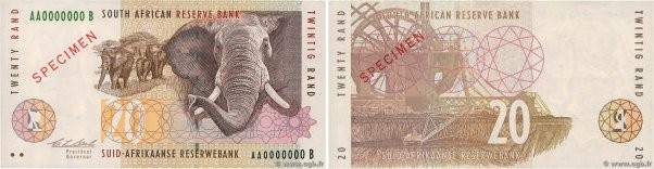 Country : SOUTH AFRICA 
Face Value : 20 Rand Spécimen 
Date : (1993) 
Period/Pro...
