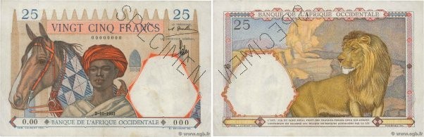 Country : FRENCH WEST AFRICA (1895-1958) 
Face Value : 25 Francs Spécimen 
Date ...