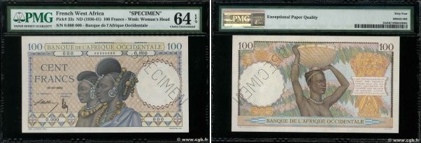 Country : FRENCH WEST AFRICA (1895-1958) 
Face Value : 100 Francs Spécimen 
Date...