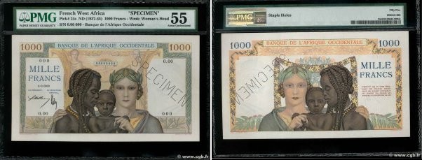 Country : FRENCH WEST AFRICA (1895-1958) 
Face Value : 1000 Francs Spécimen 
Dat...