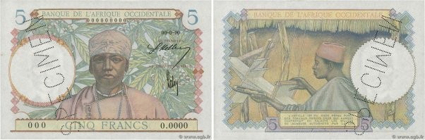 Country : FRENCH WEST AFRICA (1895-1958) 
Face Value : 5 Francs Spécimen 
Date :...