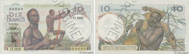 Country : FRENCH WEST AFRICA (1895-1958) 
Face Value : 10 Francs Spécimen 
Date ...