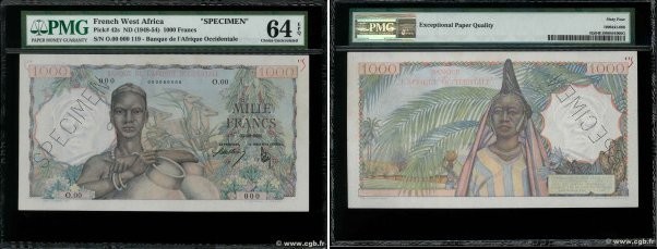 Country : FRENCH WEST AFRICA (1895-1958) 
Face Value : 1000 Francs Spécimen 
Dat...