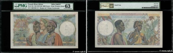 Country : FRENCH WEST AFRICA (1895-1958) 
Face Value : 5000 Francs Spécimen 
Dat...