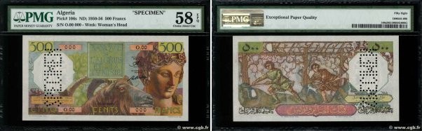 Country : ALGERIA 
Face Value : 500 Francs Spécimen 
Date : (1950) 
Period/Provi...