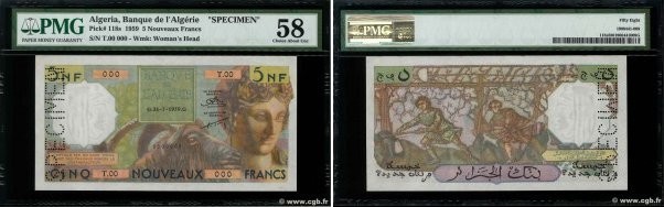 Country : ALGERIA 
Face Value : 5 Nouveaux Francs Spécimen 
Date : 31 juillet 19...