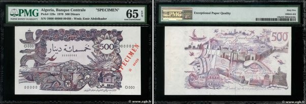 Country : ALGERIA 
Face Value : 500 Dinars Spécimen 
Date : 01 novembre 1970 
Pe...