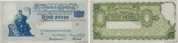Country : ARGENTINA 
Face Value : 10 Pesos Annulé 
Date : (1936) 
Period/Provinc...