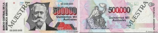 Country : ARGENTINA 
Face Value : 500000 Australes Spécimen 
Date : (1991) 
Peri...