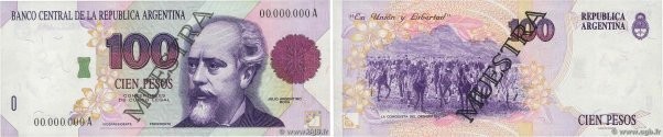 Country : ARGENTINA 
Face Value : 100 Pesos Spécimen 
Date : (1992) 
Period/Prov...