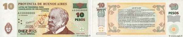 Country : ARGENTINA 
Face Value : 10 Pesos Spécimen 
Date : (1985) 
Period/Provi...