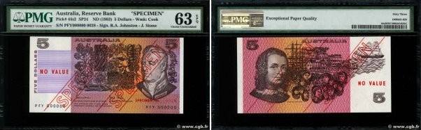 Country : AUSTRALIA 
Face Value : 5 Dollars Spécimen 
Date : (1983) 
Period/Prov...