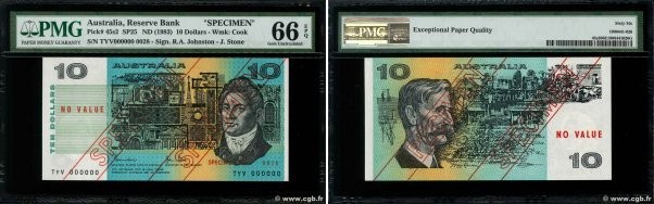 Country : AUSTRALIA 
Face Value : 10 Dollars Spécimen 
Date : (1983) 
Period/Pro...