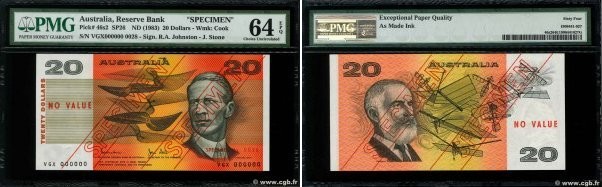Country : AUSTRALIA 
Face Value : 20 Dollars Spécimen 
Date : (1983) 
Period/Pro...