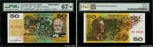 Country : AUSTRALIA 
Face Value : 50 Dollars Spécimen 
Date : (1983) 
Period/Pro...